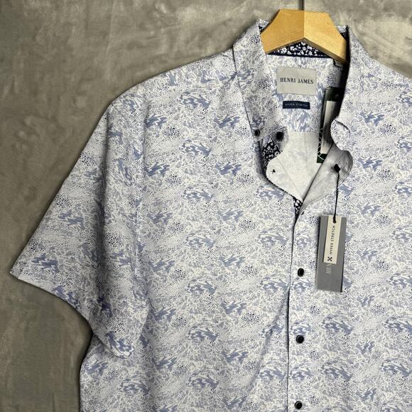 Henri James Shirt Mens XL Short White Blue Abstract Print Hyper Stretch Casual - Picture 3 of 11